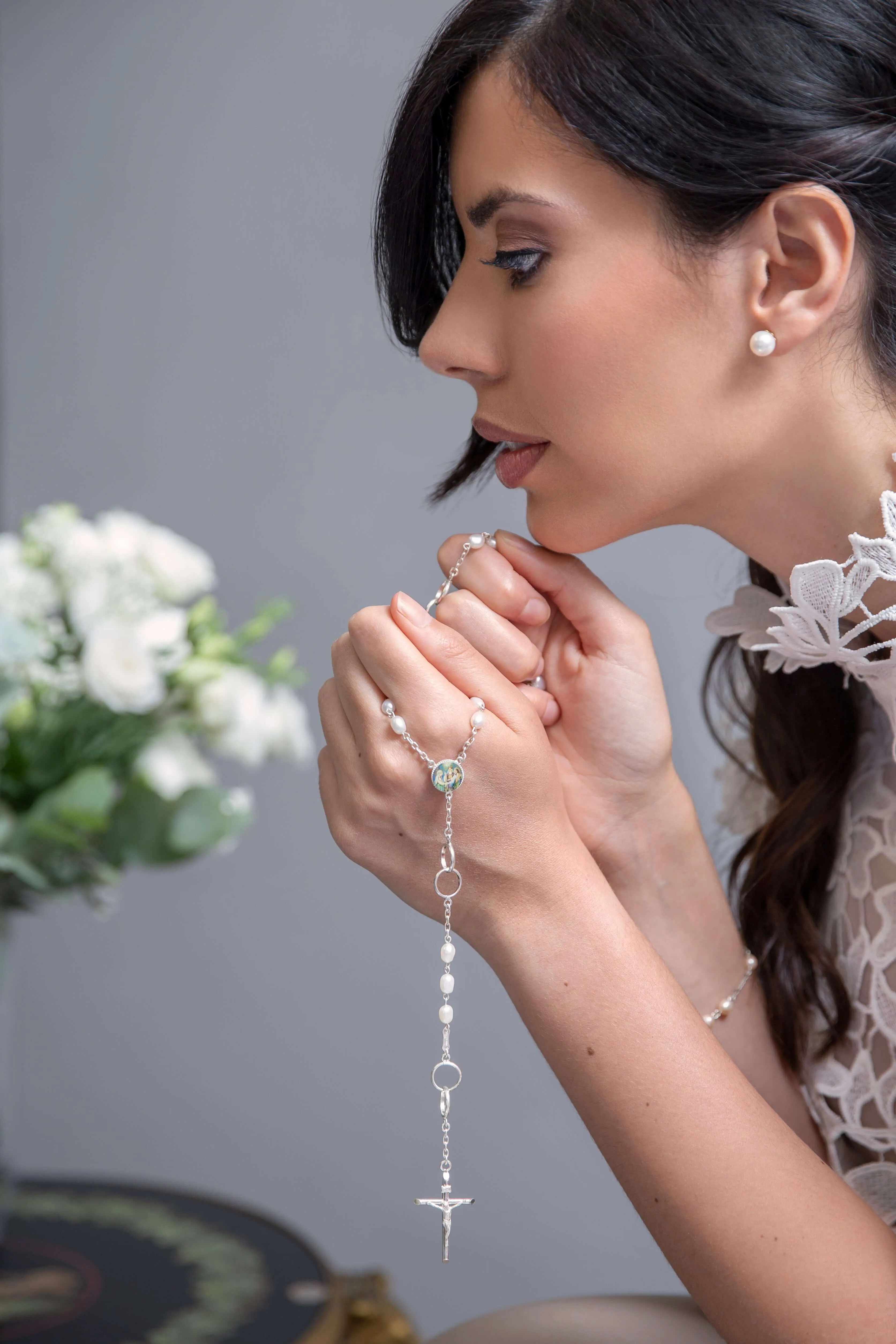 MARRIAGE - PEARL WEDDING ROSARY - SILVER