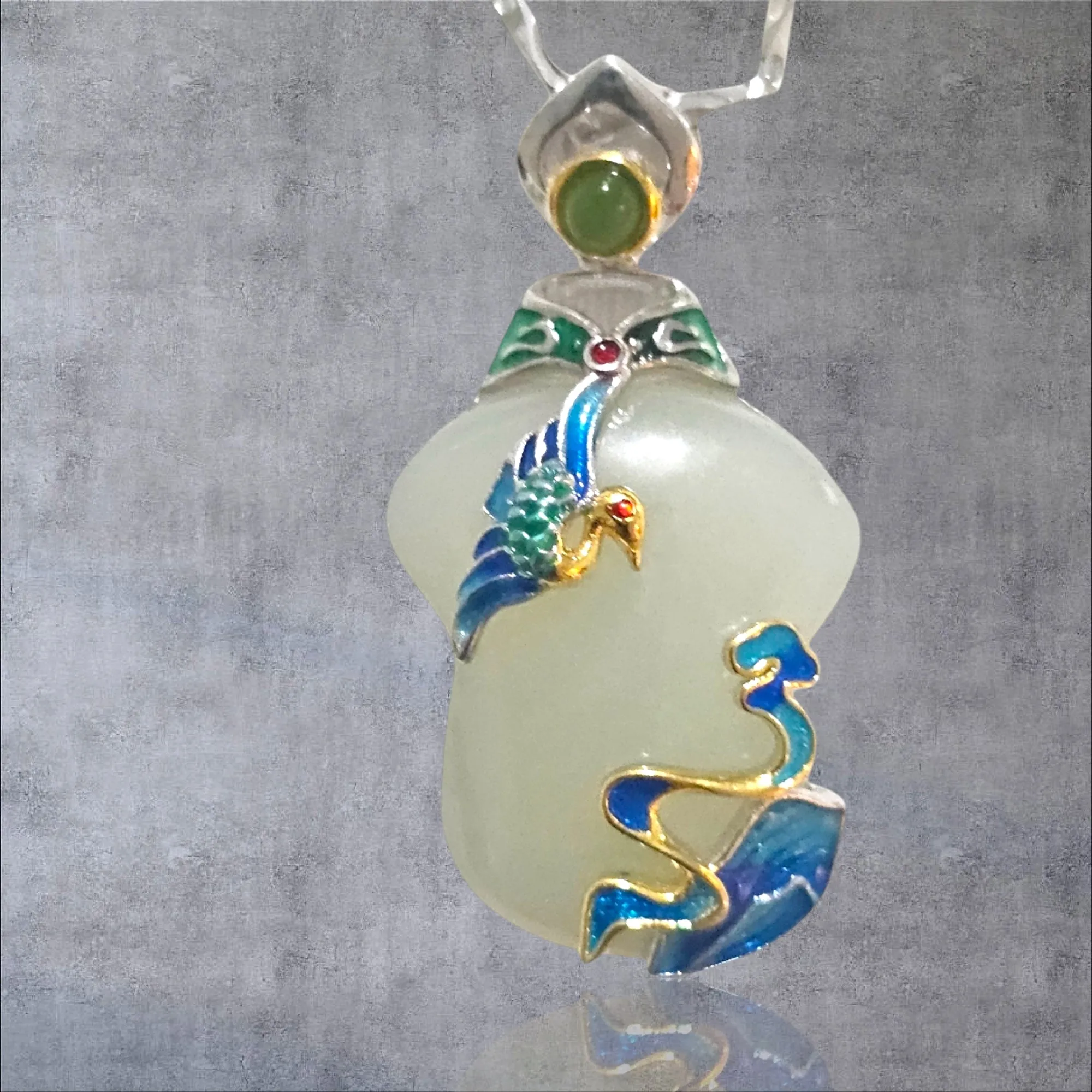 MCJewels - White Jade & Sterling Silver Crane Pendant with Chain