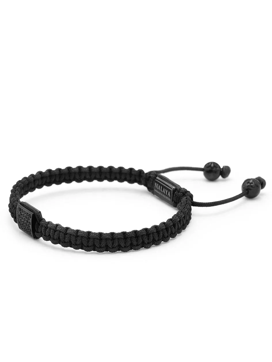 Men's Black String Bracelet with Black CZ Flatbead