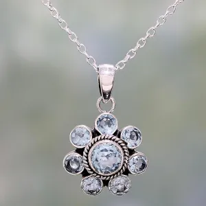 Morning Glitter Blue Topaz and Sterling Silver Pendant Necklace from India