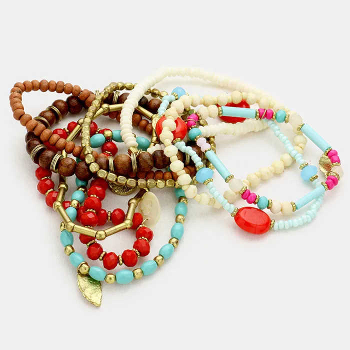 Multi Layered Strand Bead with Charms Stretch Bracelet