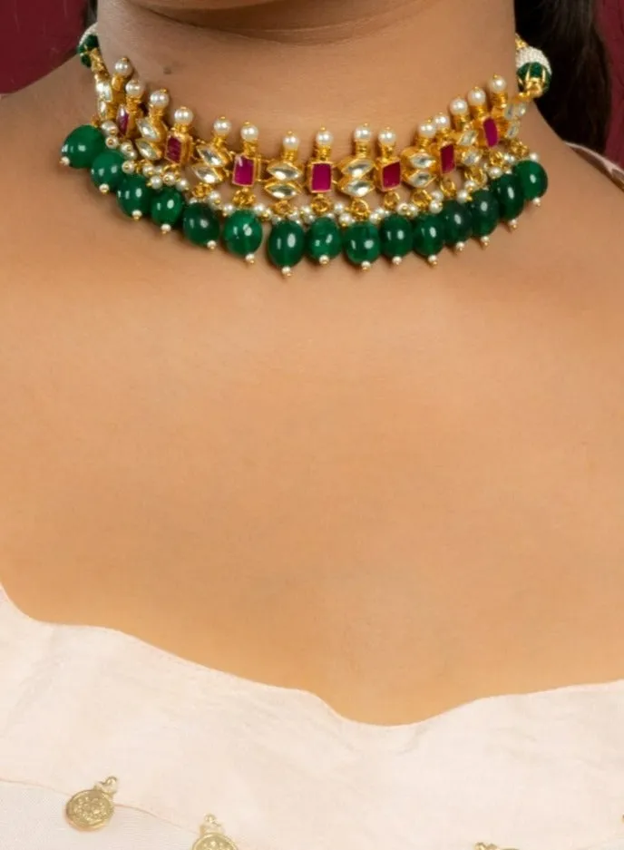 Multicolour Pachi Kundan Choker Necklace Set (Choker With Earrings Set)