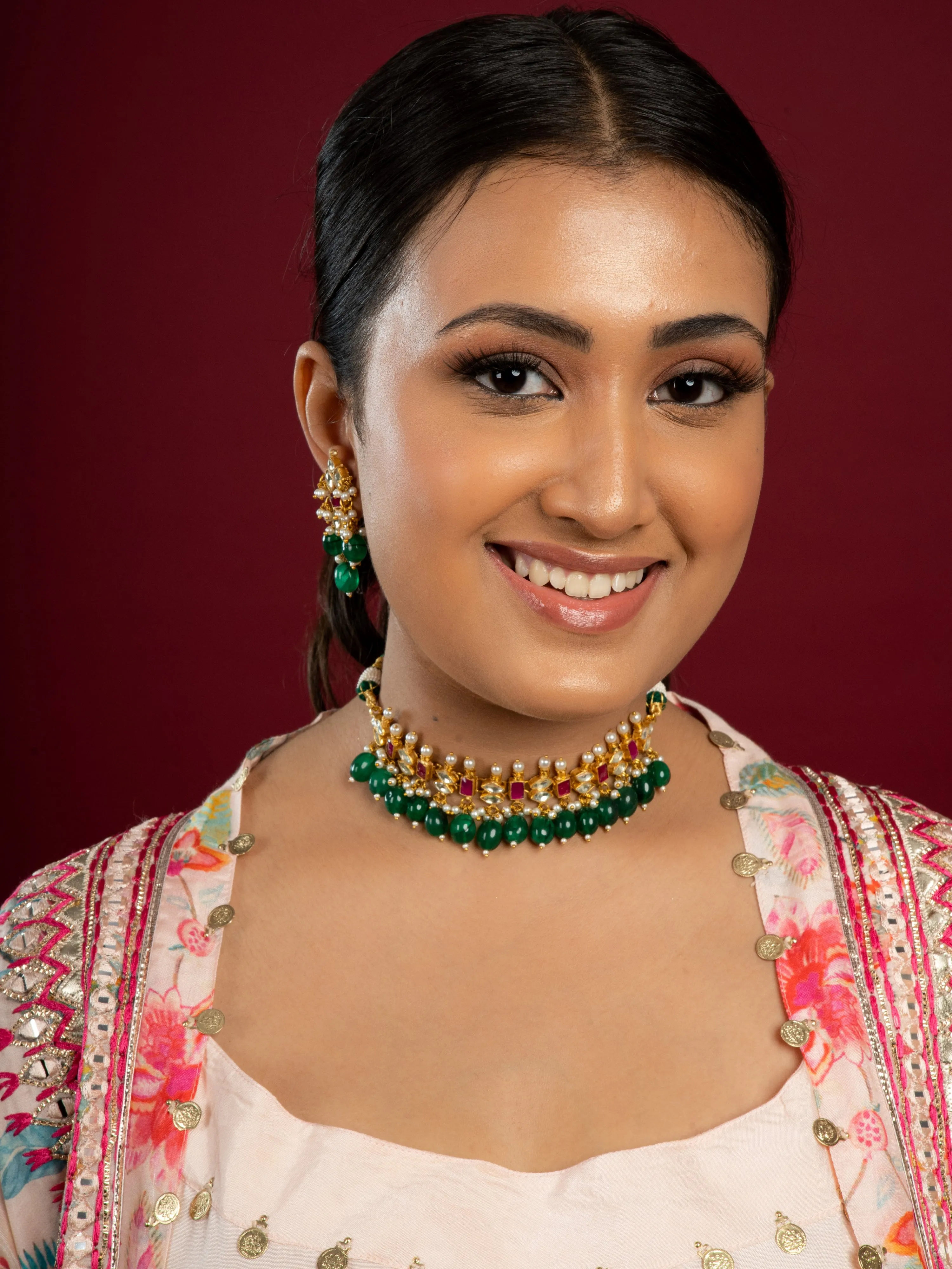 Multicolour Pachi Kundan Choker Necklace Set (Choker With Earrings Set)