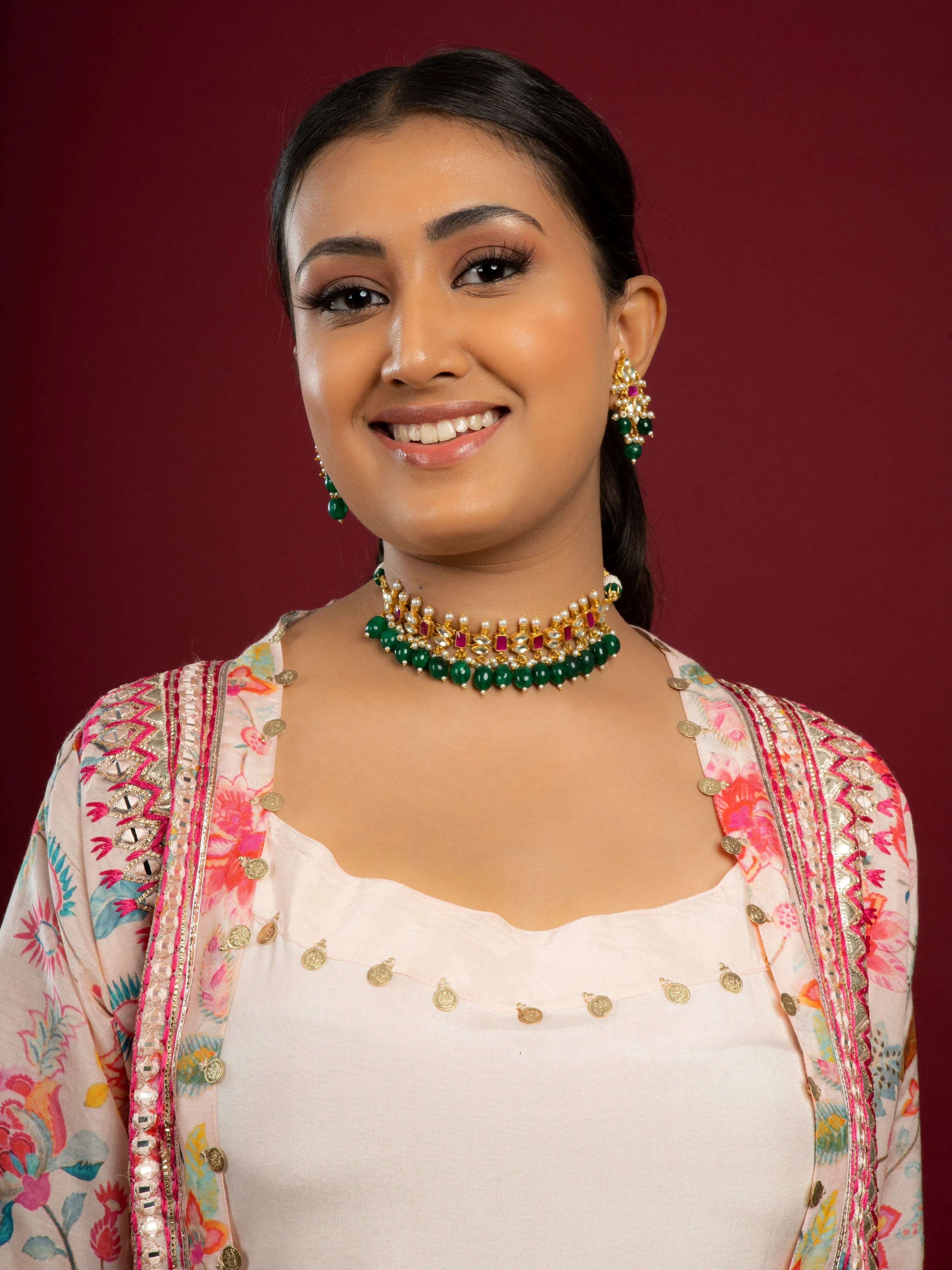 Multicolour Pachi Kundan Choker Necklace Set (Choker With Earrings Set)