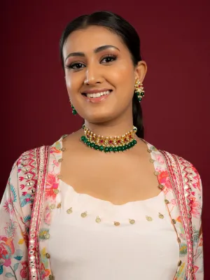 Multicolour Pachi Kundan Choker Necklace Set (Choker With Earrings Set)