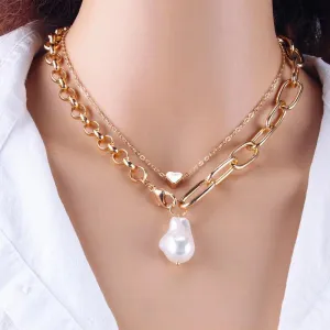 Multilayer Pearl and Heart Charm Pendant Necklaces