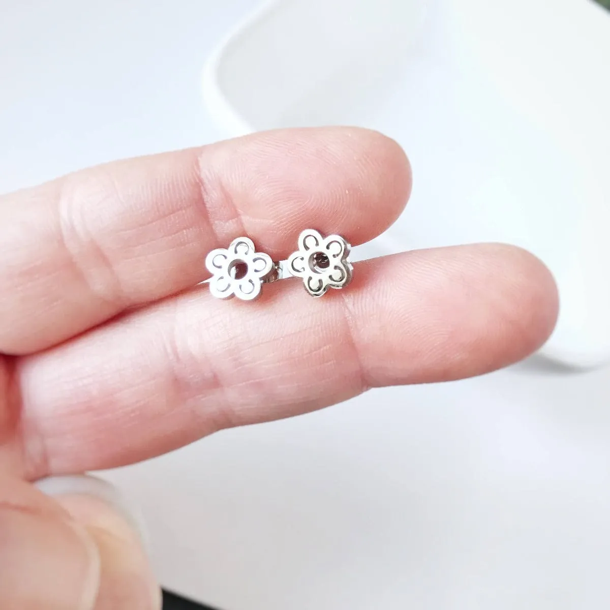 Nature Inspired Stainless Steel Post Earrings -- Flowers, Mountains, Cactus, Waves