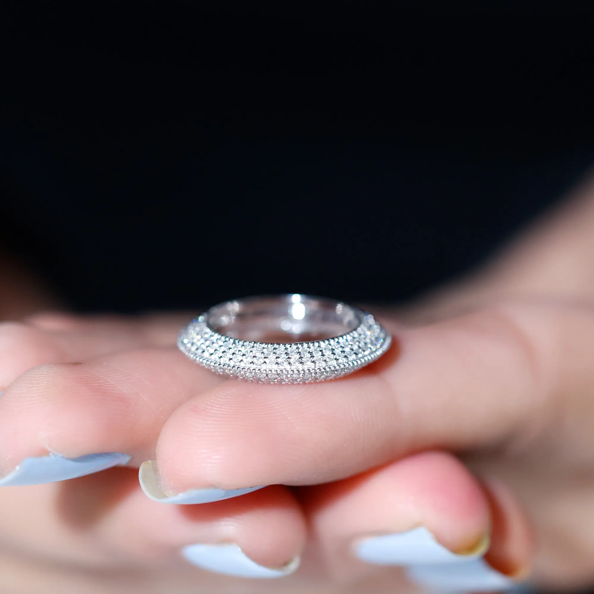 Pave Set Moissanite Eternity Band with Milgrain Detailing