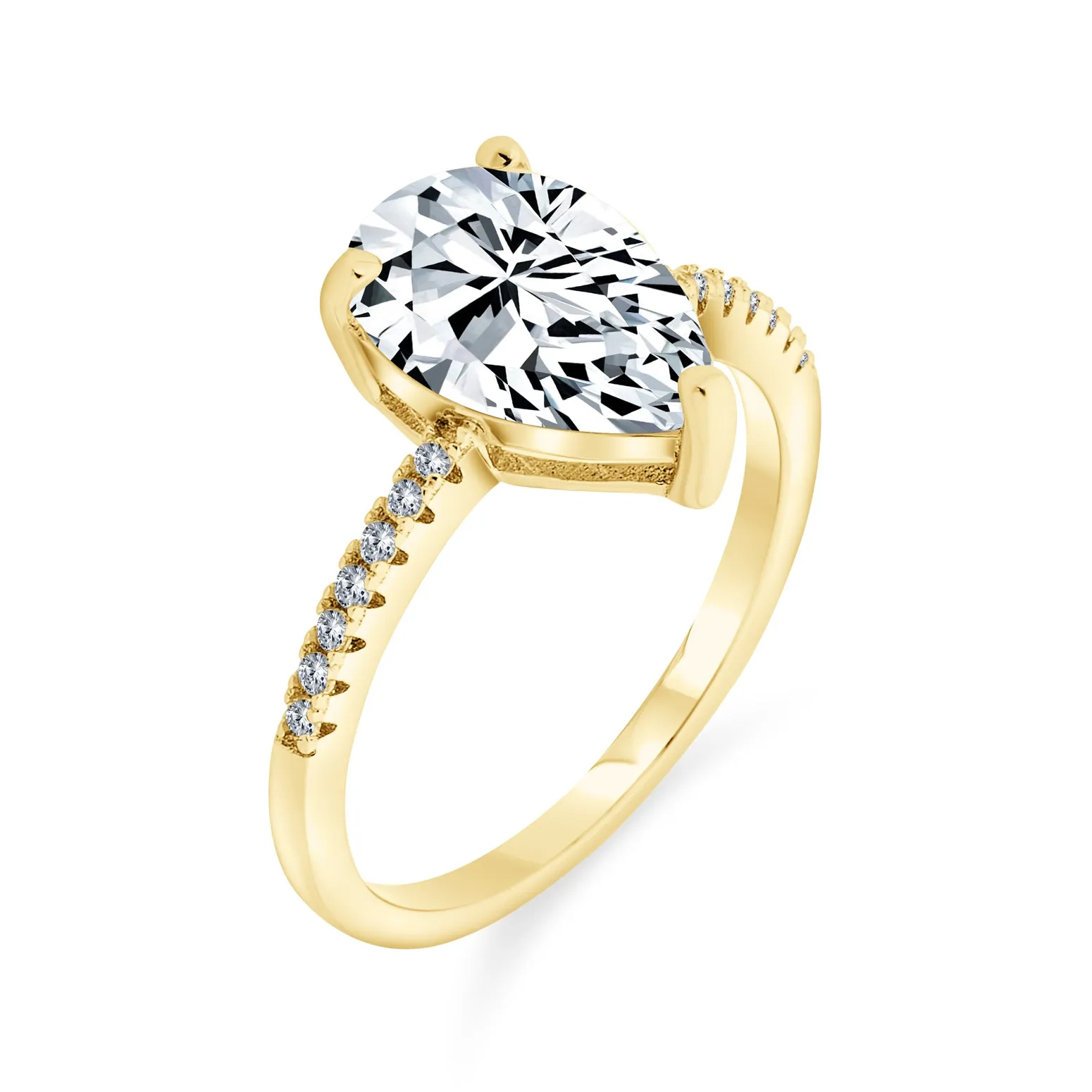 Pear Shape Solitaire AAA CZ Halo Engagement Ring, 14K Gold Plated Sterling Silver