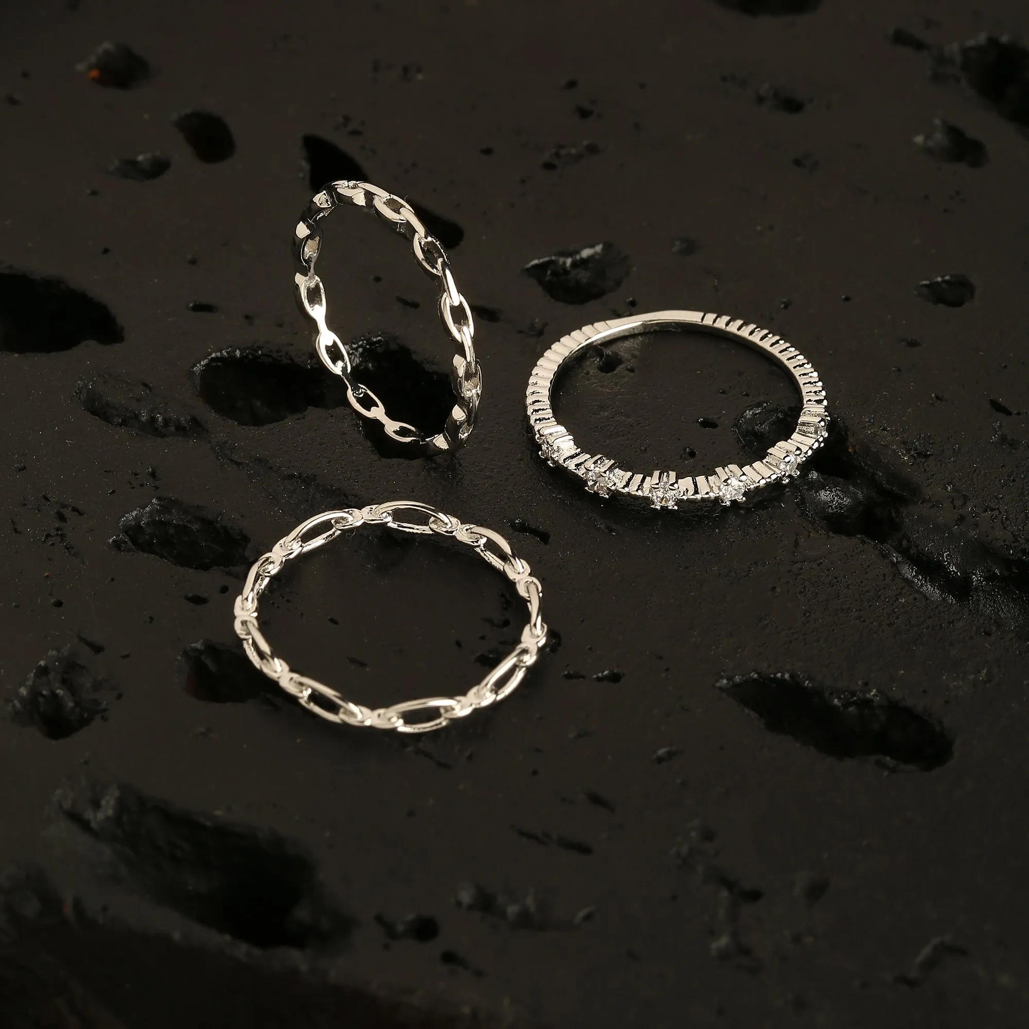 Platinum Plated 3 Pack Stacking Rings For Women By Accessorize London (Large)