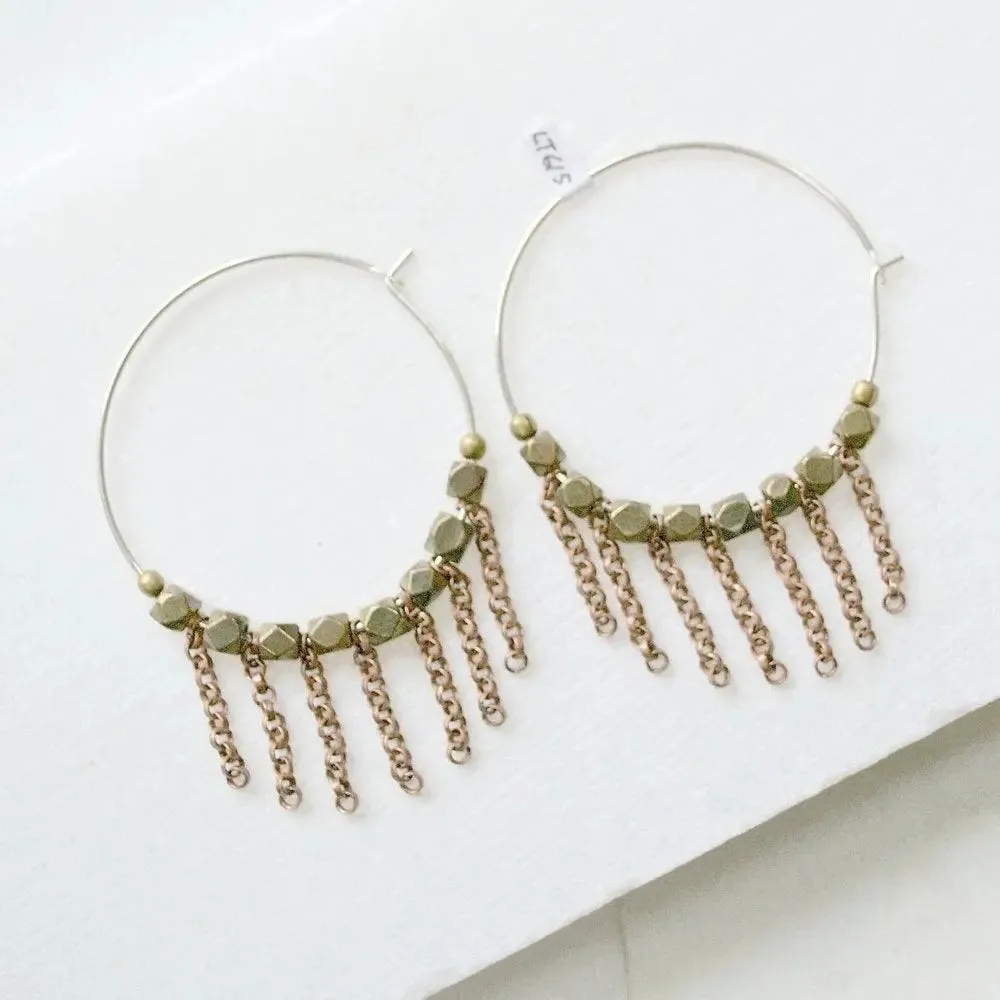 Pyrite Hoop with Dangle Chains Earrings