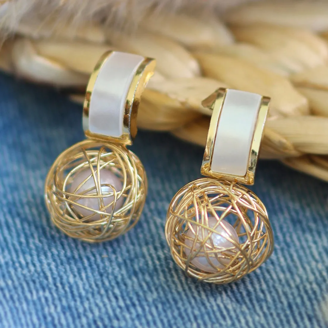 Quirky Gold-Toned Bar And Pearl Drop Earrings