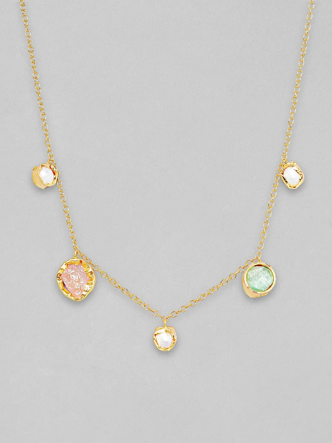 Rubans Voguish 18K Gold Plated On Copper Handcrafted Chain With Uncut Stones And Pearls Charms Necklace.