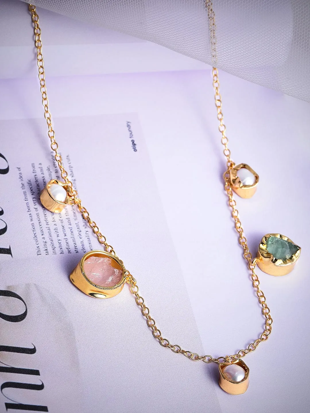 Rubans Voguish 18K Gold Plated On Copper Handcrafted Chain With Uncut Stones And Pearls Charms Necklace.
