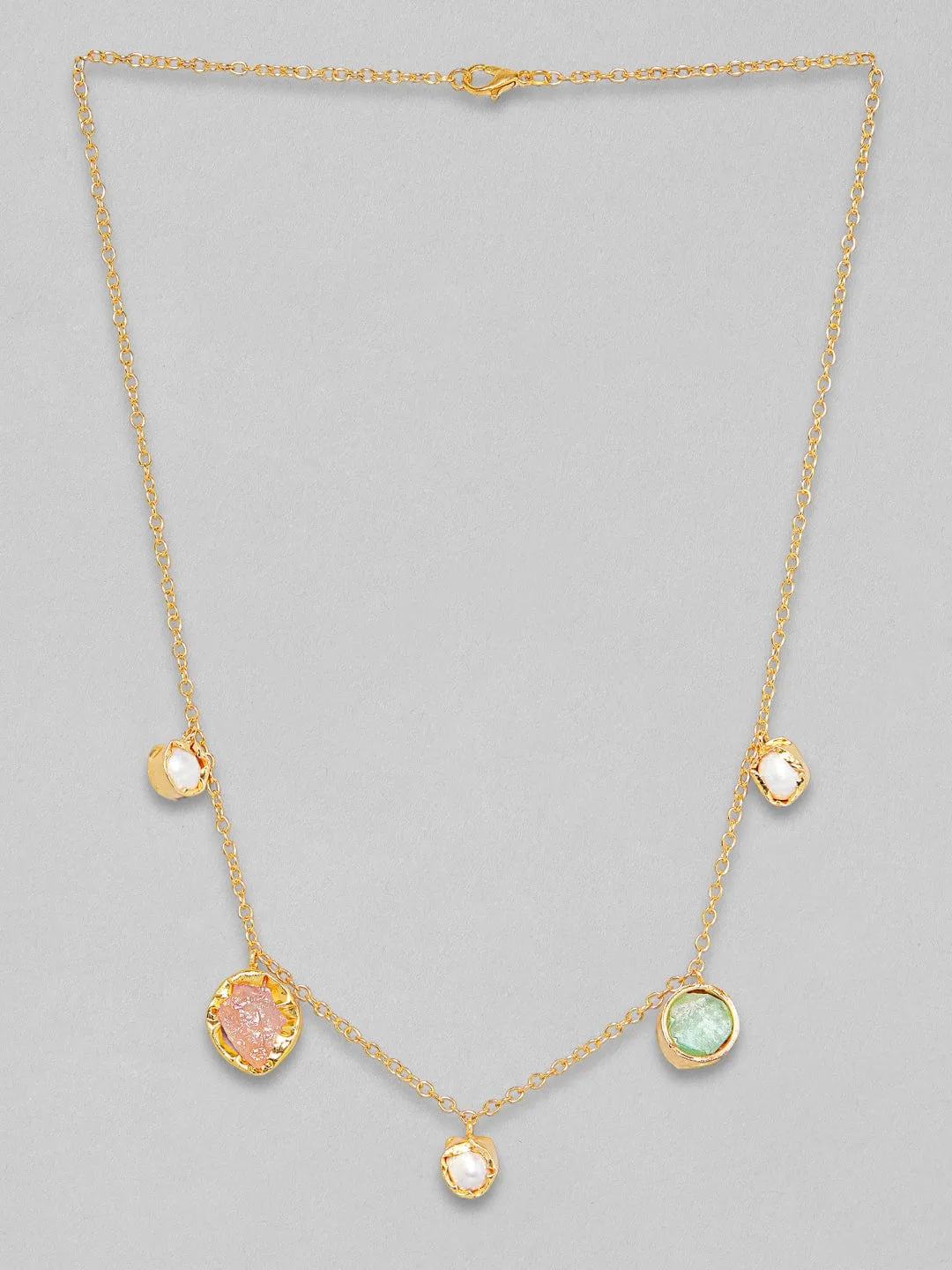 Rubans Voguish 18K Gold Plated On Copper Handcrafted Chain With Uncut Stones And Pearls Charms Necklace.