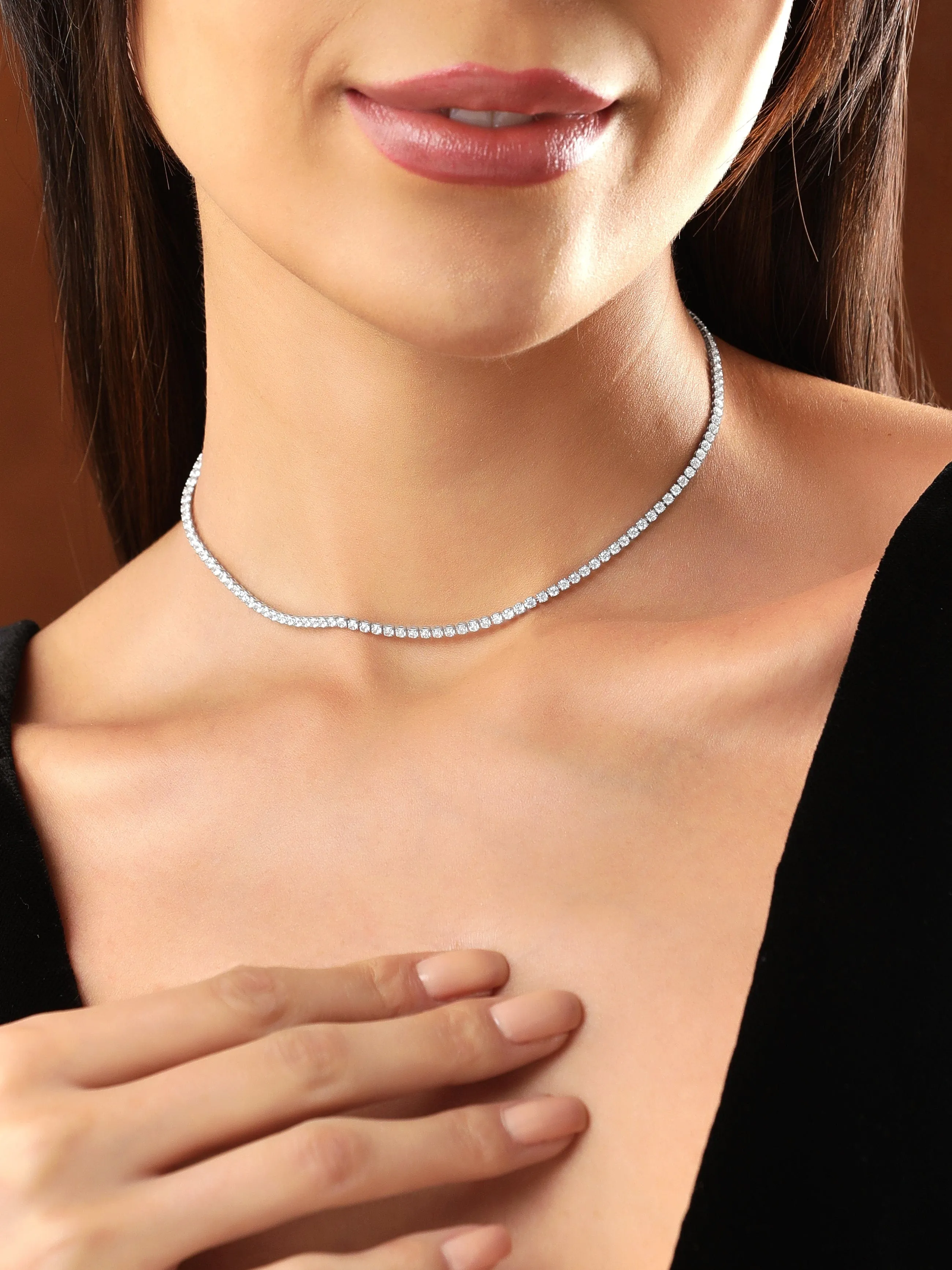 Rubans Voguish Rhodium Finish Stainless Steel Waterproof With Zircons Studded Tennis Chain.