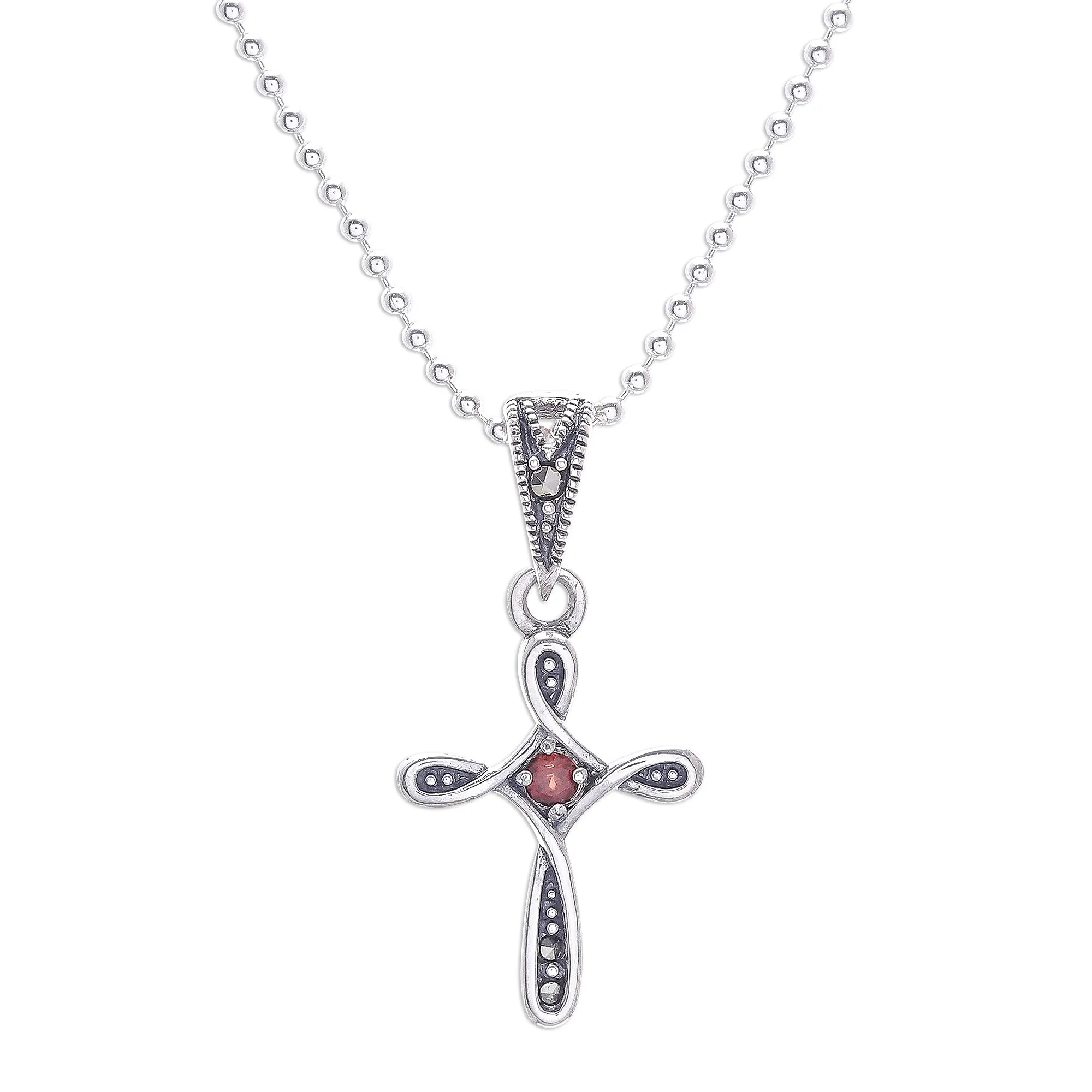 Salvation Promise Sterling Silver Cross Necklace with Garnet and Marcasite