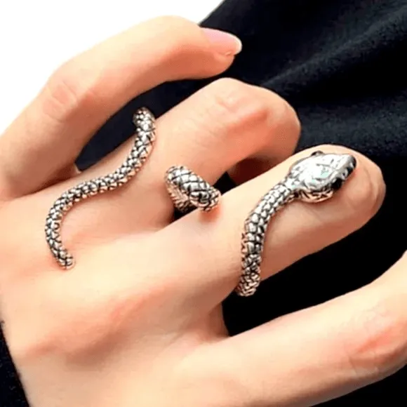 Silver Textured Dual Finger Snake Wrap Open Band Ring