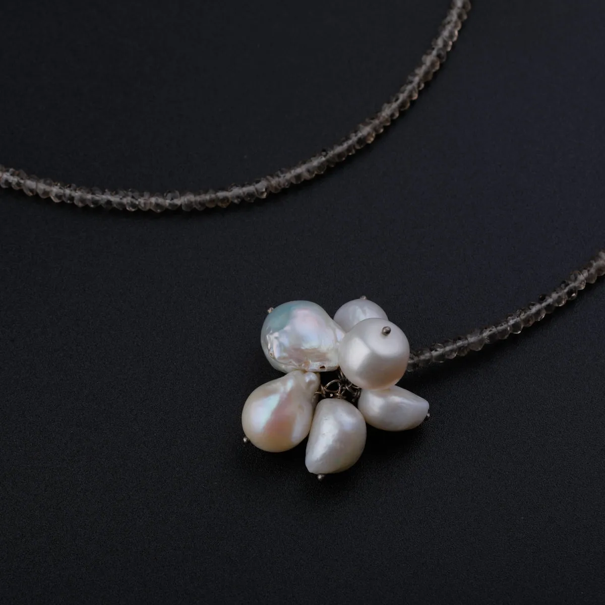 Silver Tie & Wear Necklace with Smokey Quarts Stones and Baroque Pearls
