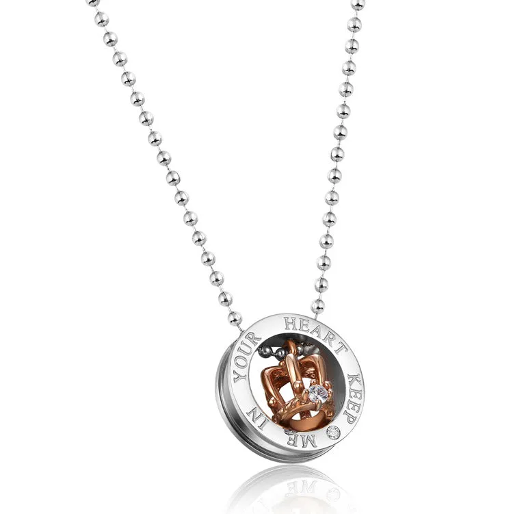 Stainless Steel King and Queen Crown Pendant Necklace for Couple