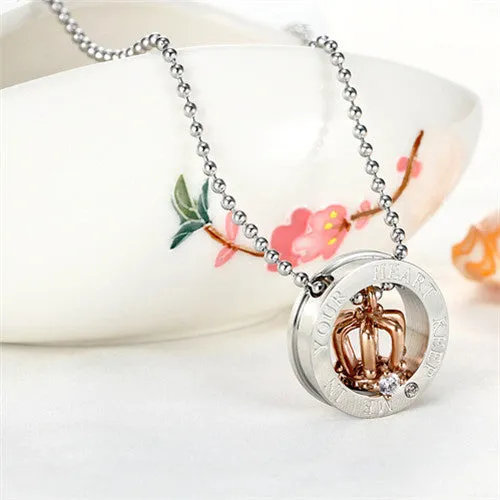 Stainless Steel King and Queen Crown Pendant Necklace for Couple