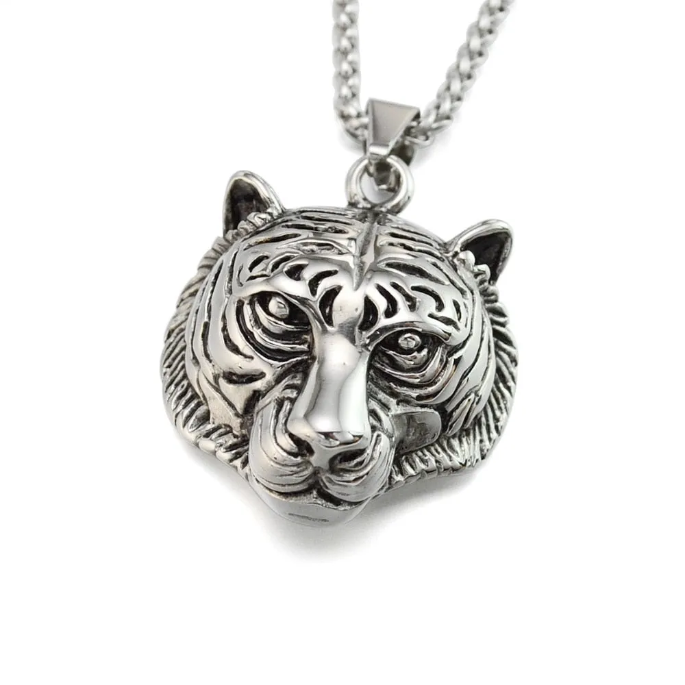 Stainless Steel Silver Tone Tiger Head Pendant for Men