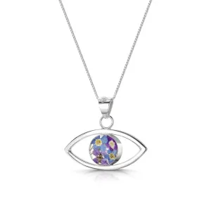 Sterling Silver Evil Eye Pendant necklace | Tiny Forget me nots & purple Verbena flowers