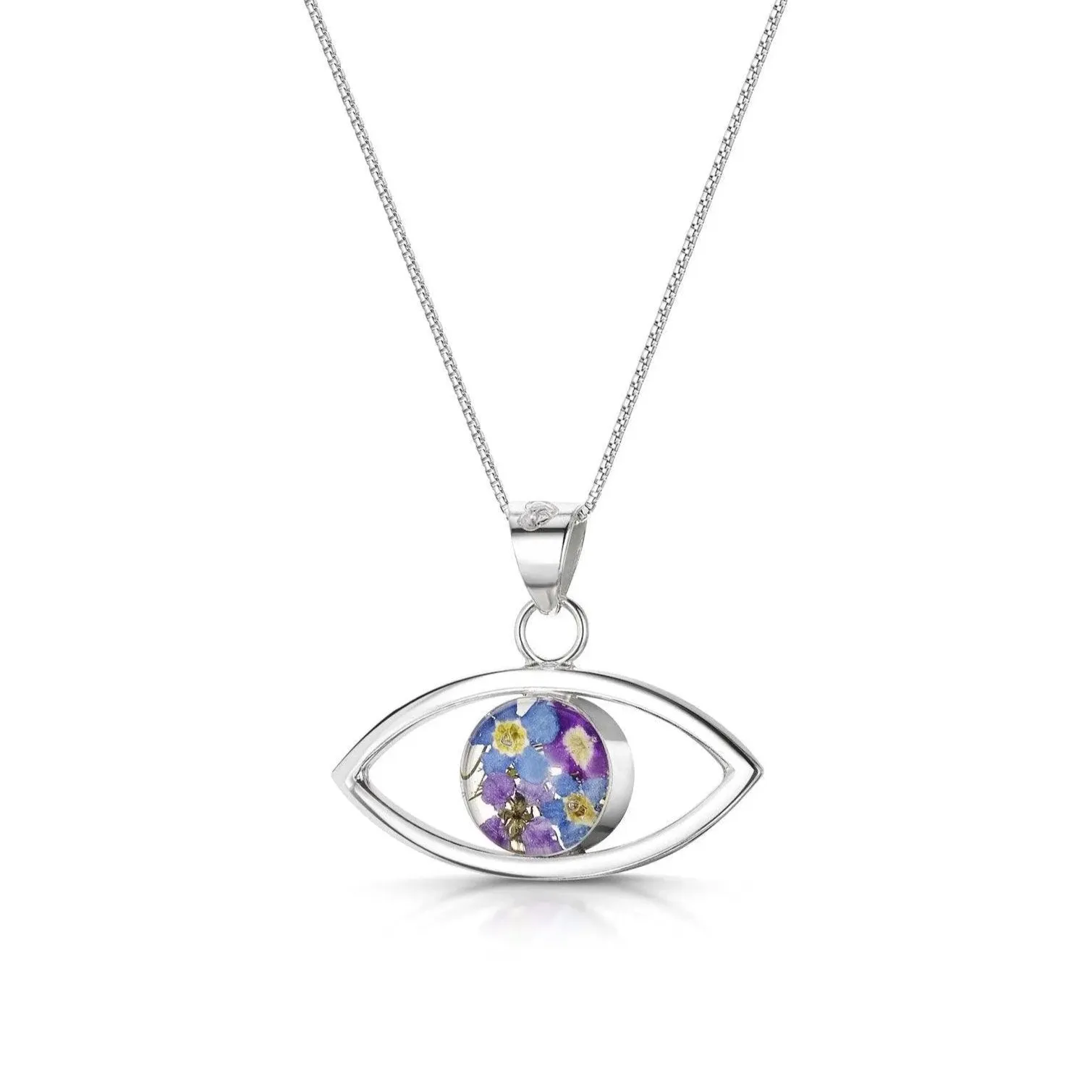 Sterling Silver Evil Eye Pendant necklace | Tiny Forget me nots & purple Verbena flowers