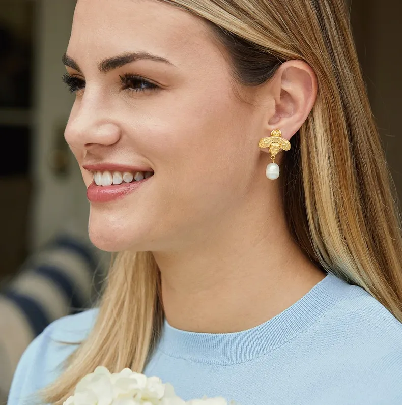 Susan Shaw Bee & Pearl Drop Earrings - Gold
