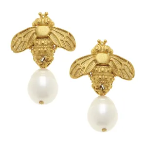 Susan Shaw Bee & Pearl Drop Earrings - Gold