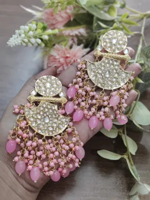 Traditional Elegance Jaipuri Kundan Jhumki Style Dangler Earrings in Pink