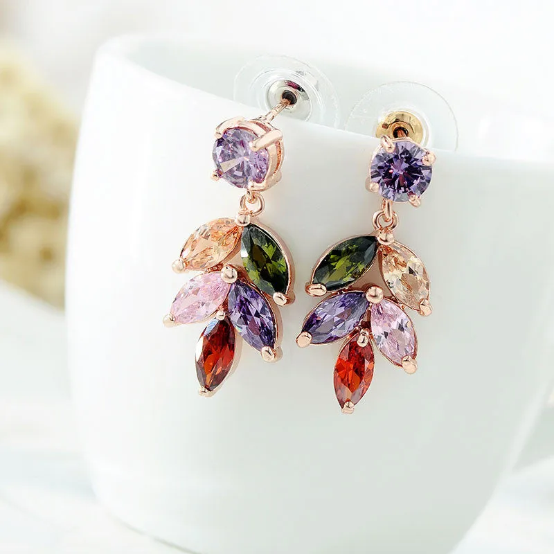 Trendy Colorful Crystal Stud Earrings Rose Gold Plated Leaves Flower Cubic Zircon Fashion Jewelry Earrings for Women