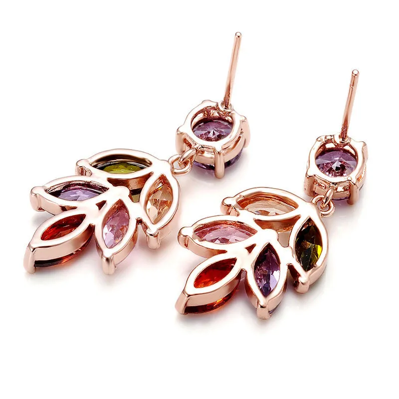 Trendy Colorful Crystal Stud Earrings Rose Gold Plated Leaves Flower Cubic Zircon Fashion Jewelry Earrings for Women