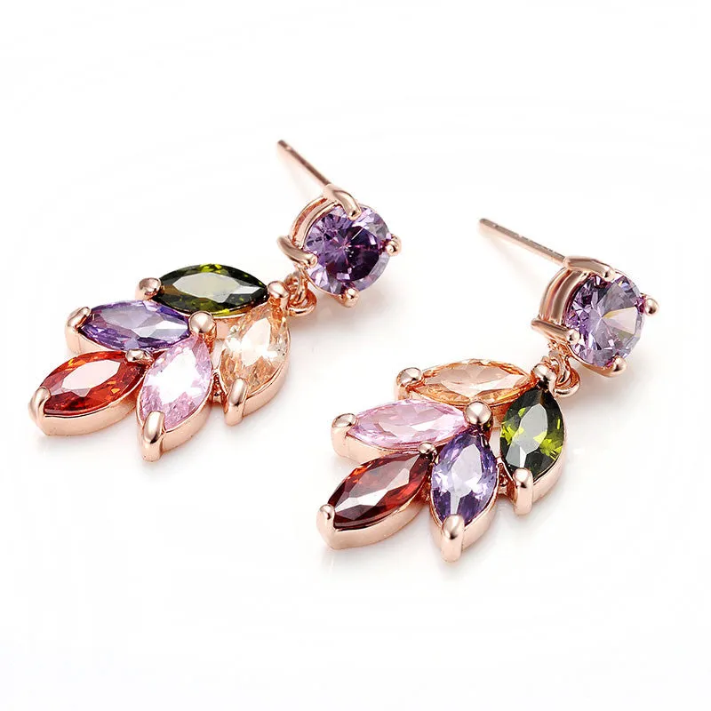 Trendy Colorful Crystal Stud Earrings Rose Gold Plated Leaves Flower Cubic Zircon Fashion Jewelry Earrings for Women