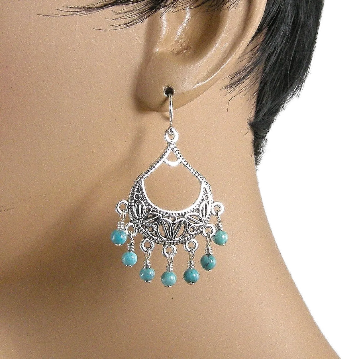 Turquoise Earrings, Silver Chandelier Earrings, Boho Style Earrings
