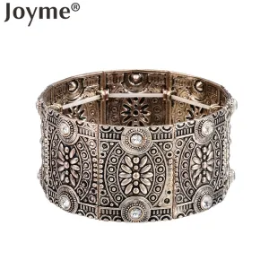 Vintage Tibetan Jewelry Ethnic Bohemian Male Bracelet For Men Wide Carved Flower Gold-Color Pulseras Elastic Bracelets 2018