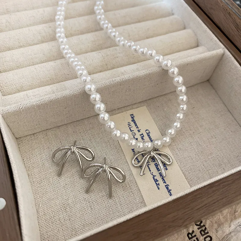 Wholesale Pearl Bow Beaded Necklace Versatile Earrings