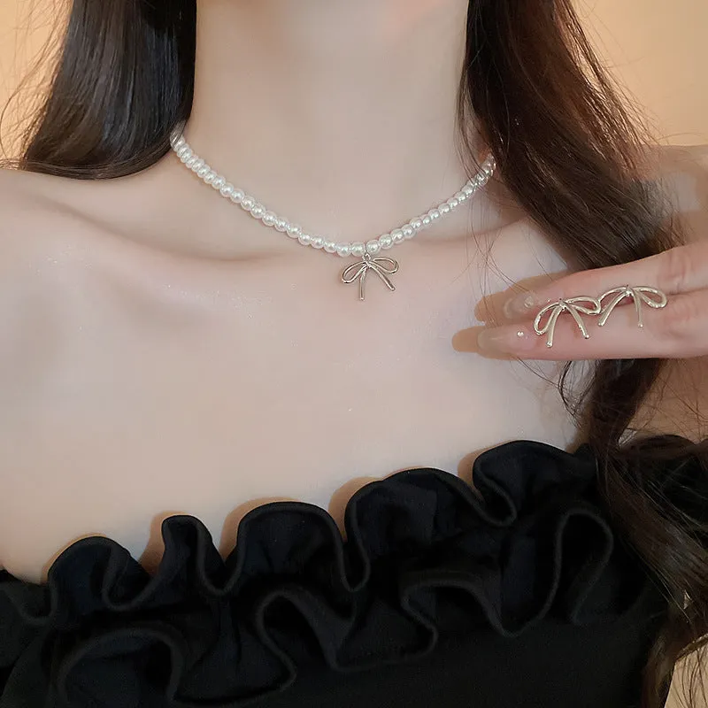 Wholesale Pearl Bow Beaded Necklace Versatile Earrings