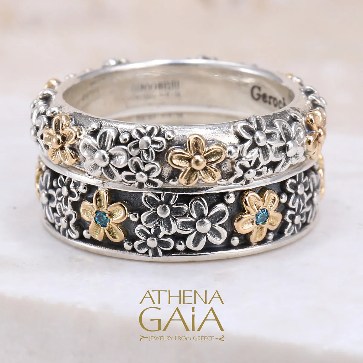 Wild Flowers Edged Stone Band Ring