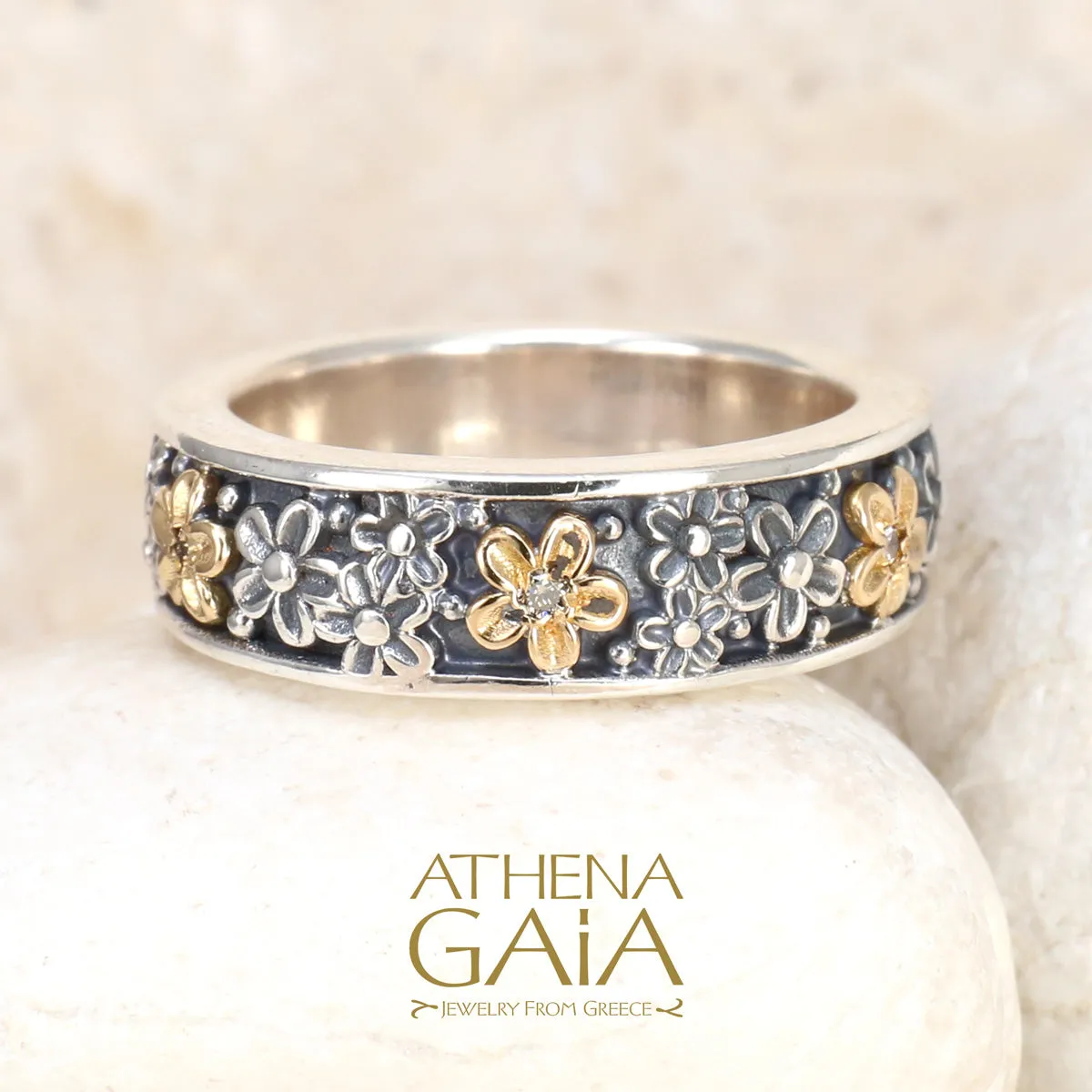 Wild Flowers Edged Stone Band Ring