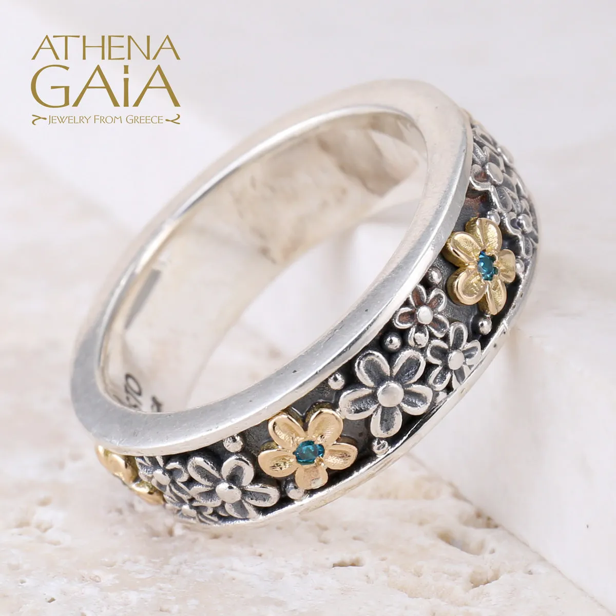 Wild Flowers Edged Stone Band Ring