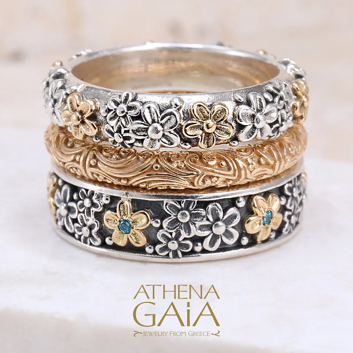 Wild Flowers Edged Stone Band Ring