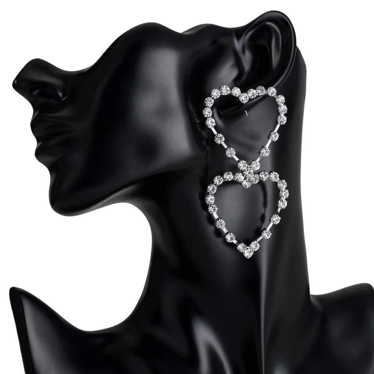 Womens Double Heart Hoop Earrings Rhinestone Design Post Earrings